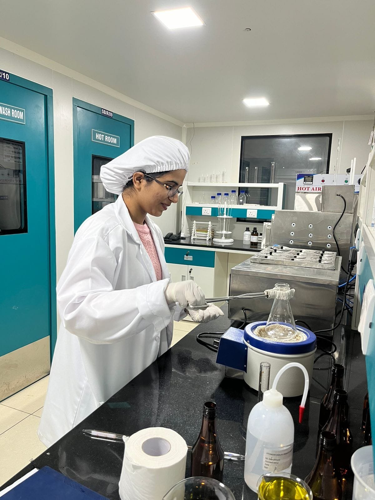 Sample preparation at the Stenkem Biolife quality control laboratory, Karnal.