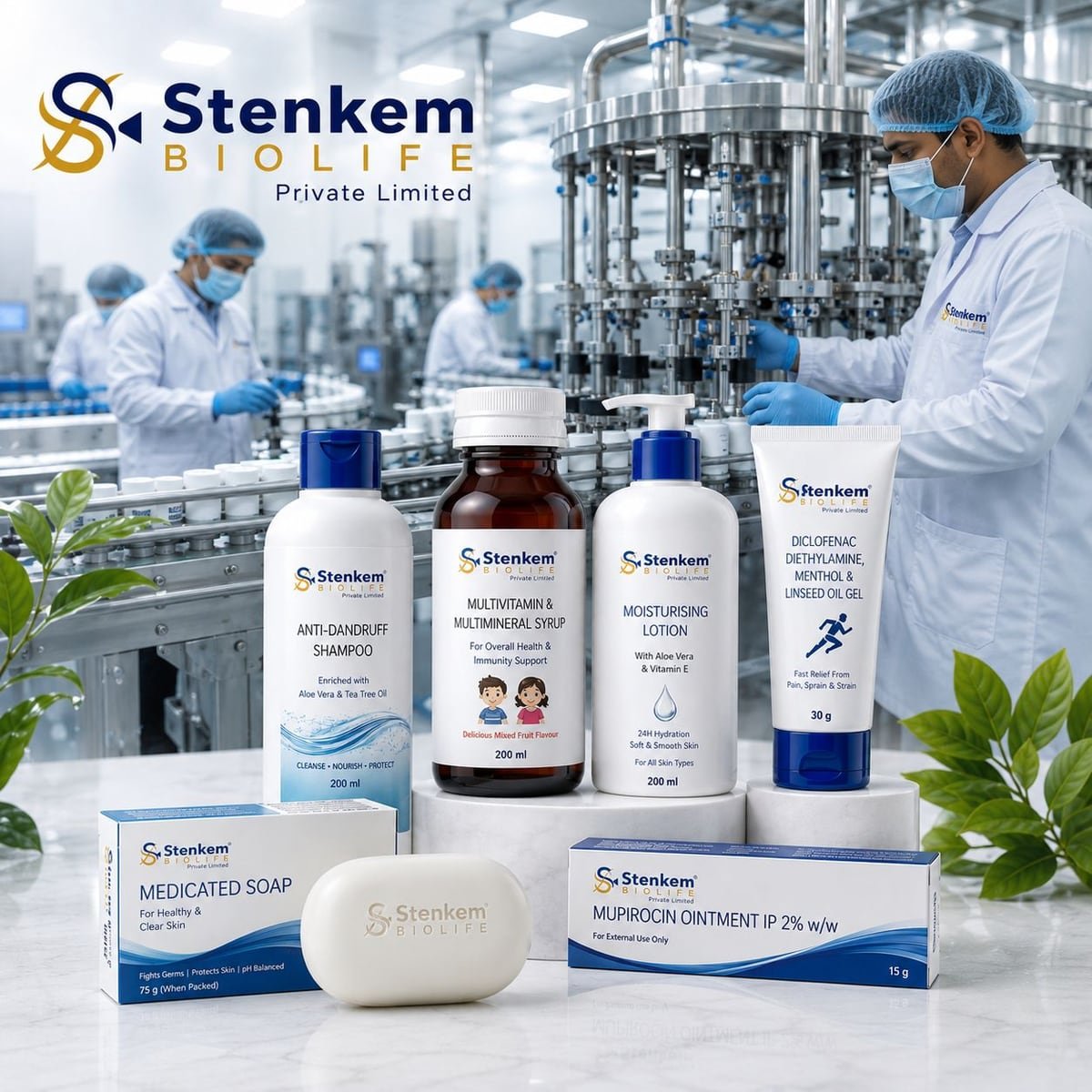 Stenkem Biolife product range — anti-dandruff shampoo, multivitamin and multimineral syrup, moisturising lotion, diclofenac gel, medicated soap and mupirocin ointment — in front of the company's manufacturing line in Karnal, Haryana.