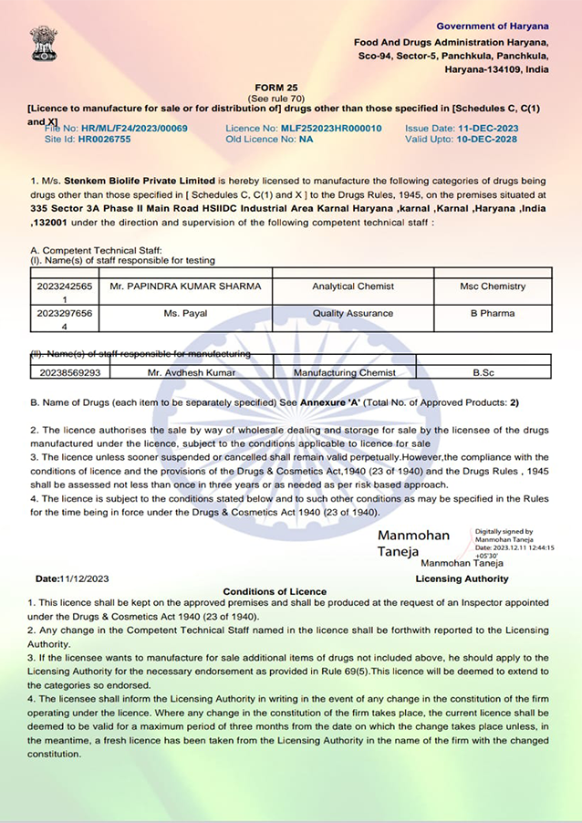Drug Manufacturing Licence — Form 25 — Food & Drugs Administration, Government of Haryana